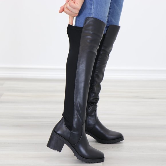 Black Over The Knee Boot Chunky Lug Heel Faux Dual Leather And Stretchy Material - Picture 8 of 15